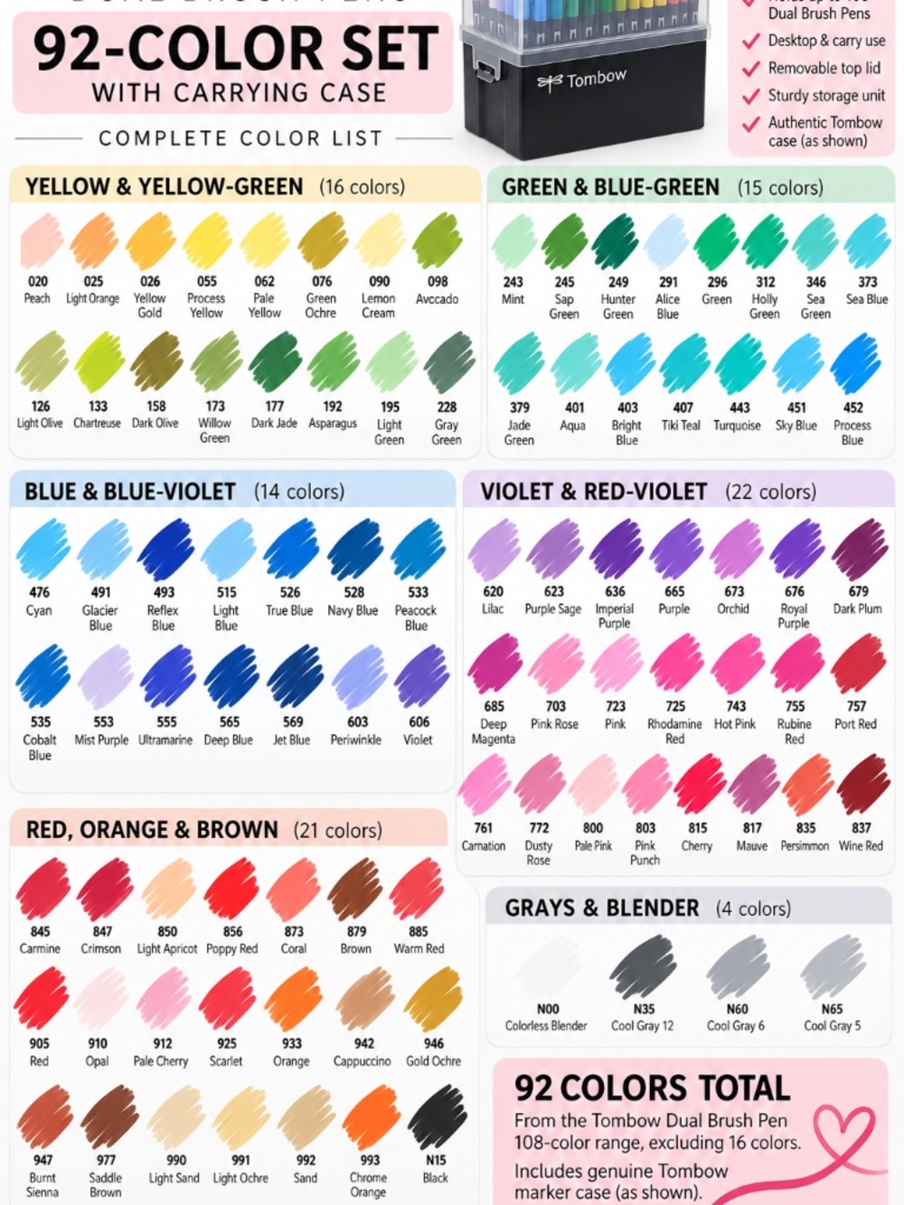 Tombow Dual Brush Pens — 92 Unique Colors + Genuine Carrying Case $300 + VALUE